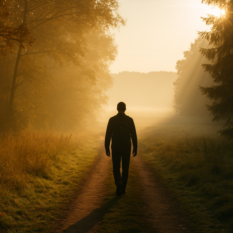 Im Dialog unterwegs – weil gute Gespräche Bewegung brauchen Ein Mann geht auf einem nebligen Waldweg bei Sonnenaufgang.
